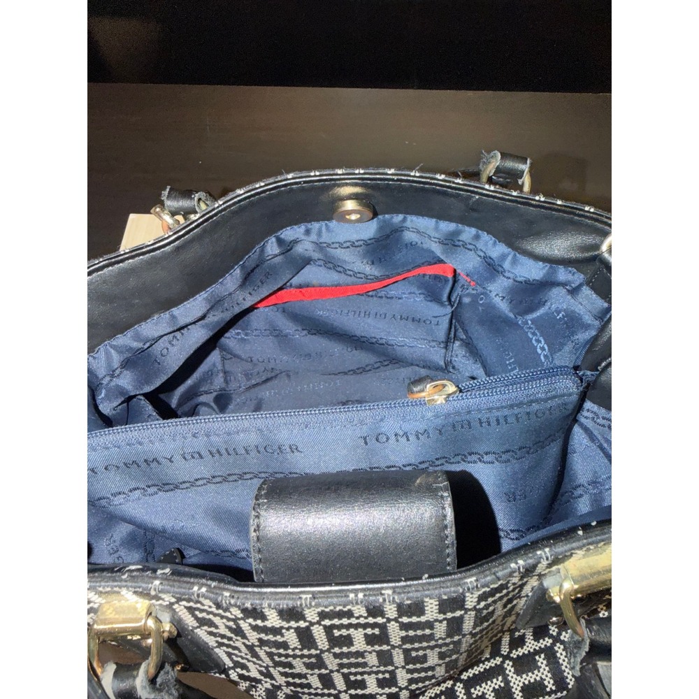 Tommy Hilfiger Tote Bag Black White Monogram Canvas Leather Straps - Picture 8 of 14